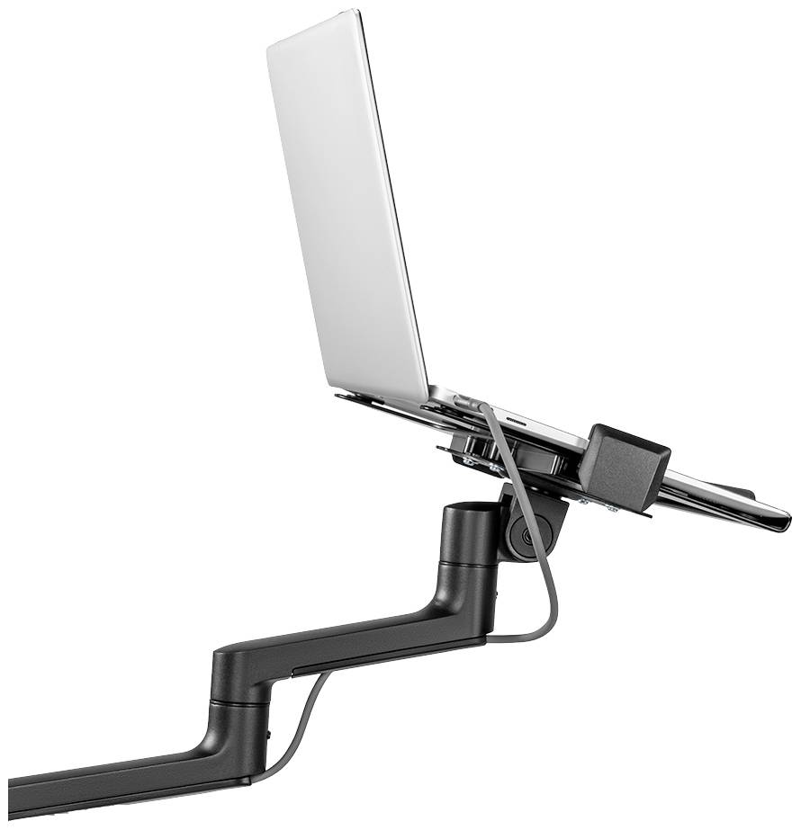 Ein Laptop ist auf einer verstellbaren Halterung montiert. Die Halterung hat mehrere Gelenke, die flexible Positionierung ermöglichen.