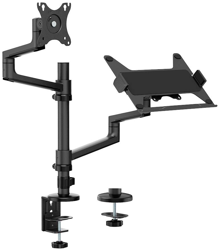 Höhenverstellbare Monitor- und Laptophalterung, schwarz, zur Befestigung an einem Schreibtisch. 2 Arme mit Neigungs- und Schwenkfunktion.
