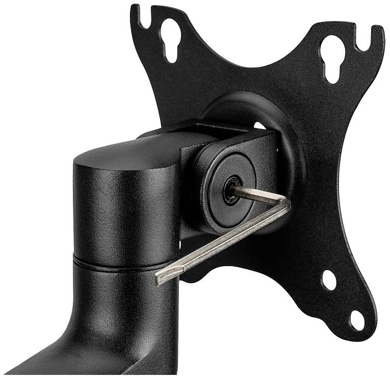Schwarze Monitorhalterung aus Metall mit Schwenkgelenk und Befestigungsplatte für VESA-kompatible Monitore.