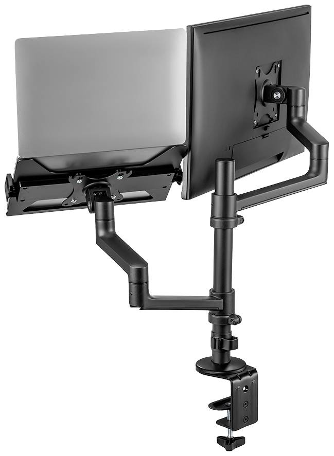 Monitorhalterung mit zwei Armen: links ein Laptopständer und rechts eine Monitorhalterung. Beide Arme sind flexibel einstellbar.