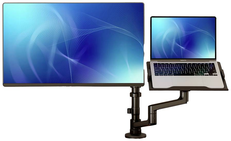 Laptop und Monitor mit blauem Bildschirm auf verstellbarem Tischhalterungsarm montiert, ideal für ergonomisches Arbeiten.