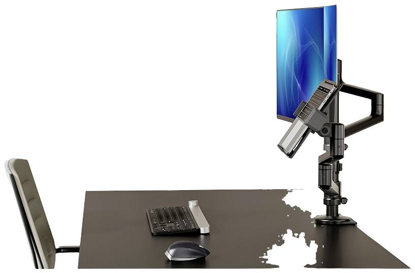 Ein Schreibtisch mit Bürostuhl, Tastatur, Maus und Monitorhalterung, die einen Flachbildschirm vertikal hält; moderne Arbeitsumgebung.