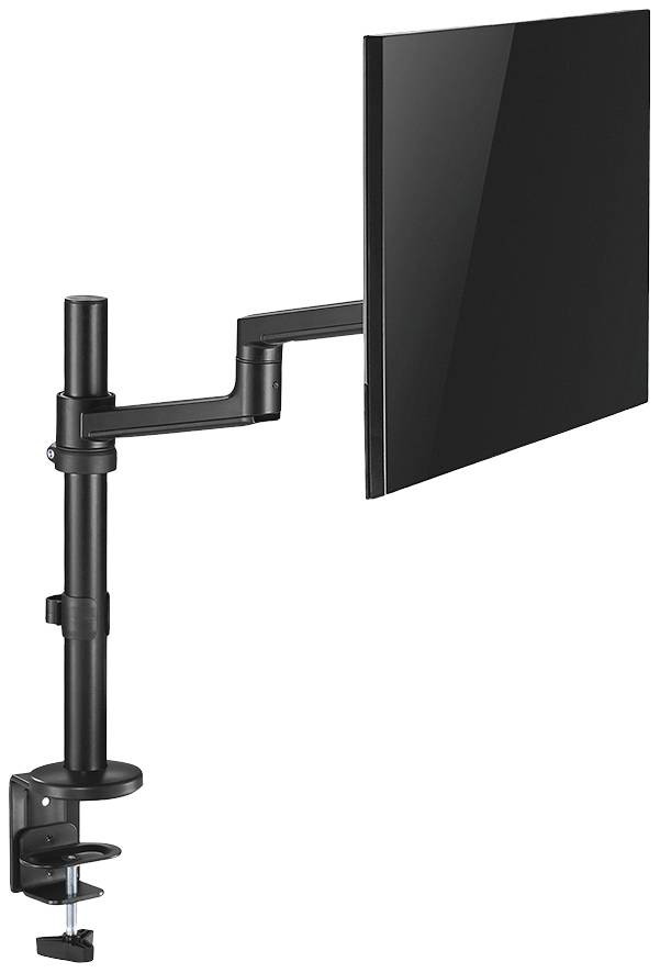 Ein schwarzer Monitorhalter mit Arm, an einem Tisch montiert, zeigt einen Bildschirm in einer schwebenden, verstellbaren Position.