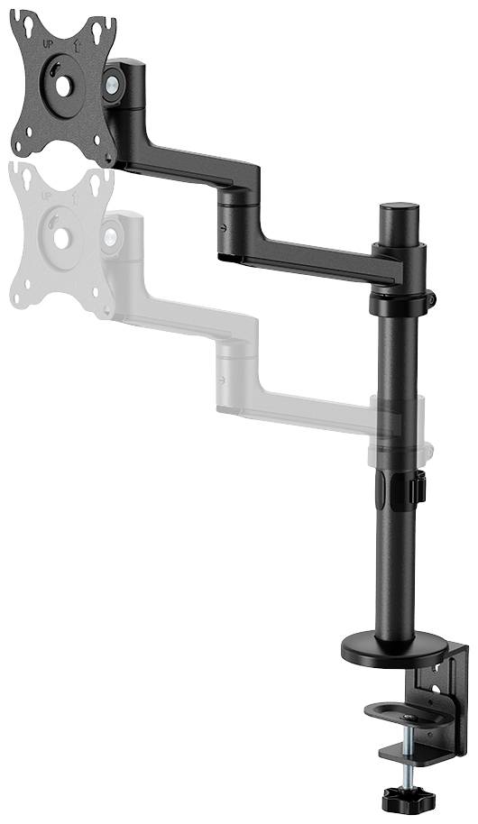 Höhenverstellbare Monitorhalterung, schwarzes Metall, für Schreibtisch; schwenkbare Arme mit VESA-Mount für flexible Monitorpositionierung.