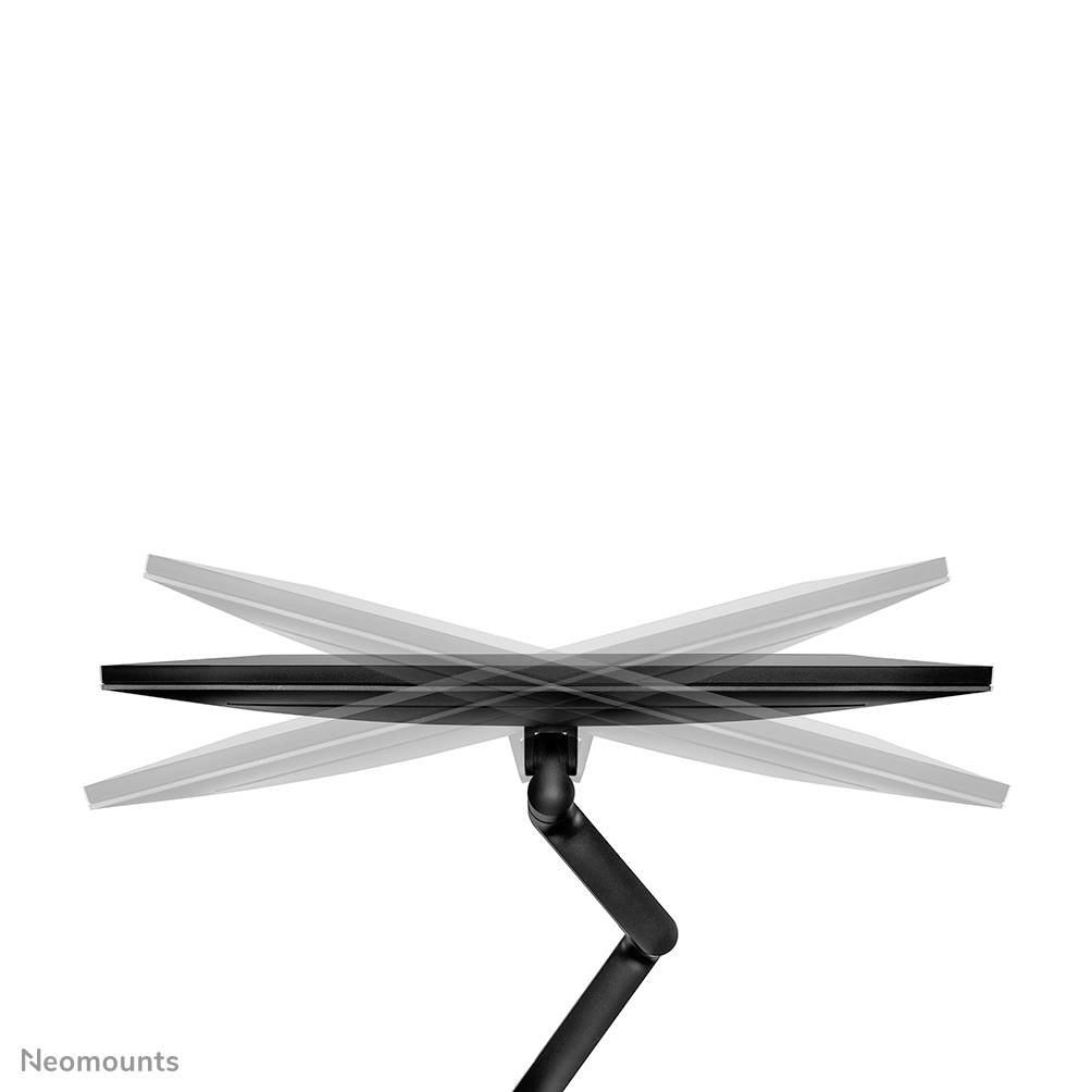 Eine drehbare Monitorhalterung zeigt verschiedene Neigungswinkel. Die Halterung ist schwarz und verstellbar.