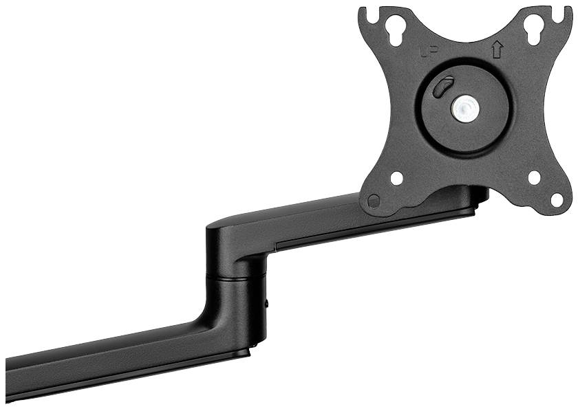 Schwarzer Monitorarm mit VESA-Halterung für die Befestigung an einem Schreibtisch, ermöglicht flexibles Anpassen der Monitorposition.