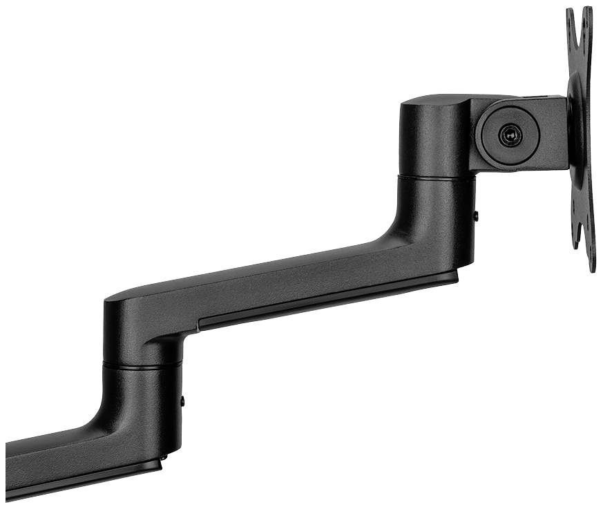 Ein verstellbarer Monitorarm aus schwarzem Metall mit Gelenken für flexible Positionierung eines Bildschirms.