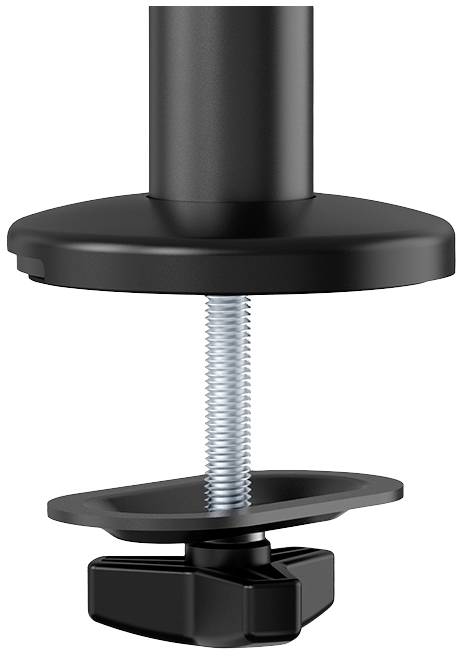 Schwarze Tischklemme mit Schraube zur Befestigung eines Monitorarms. Sieht stabil und robust aus, ideal für die flexible Platzierung.