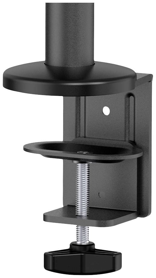 Ein schwarzer Metall-Schraubenklemmhalter für Monitore oder Lampen, zur Befestigung an Tischen oder Schreibtischen.