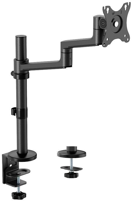 Monitorhalterung aus schwarzem Metall mit verstellbarem Arm und Tischklemme zur Befestigung an einer Tischplatte.
