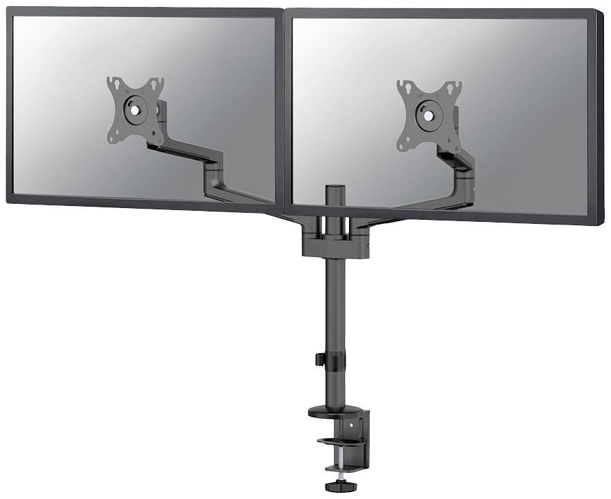 Doppelmonitorhalterung mit klemmbefestigtem Standfuß für den Schreibtisch, geeignet für zwei Monitore, aus schwarzem Metall.