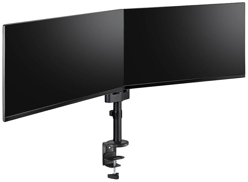 Ein doppelter Monitorhalter mit zwei nebeneinander angebrachten, großen Bildschirmen, die an einem verstellbaren Arm montiert sind.