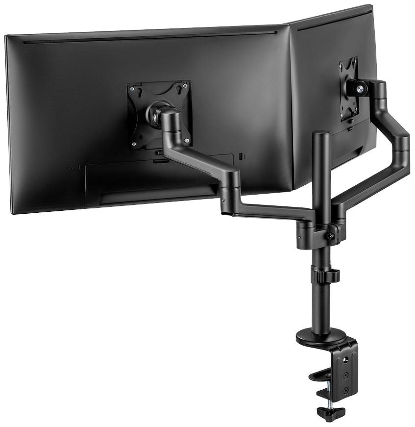 Monitorhalterung für zwei Bildschirme, montiert an einem Tischrand. Jeder Arm ist flexibel positionierbar, um Bildschirme individuell auszurichten.