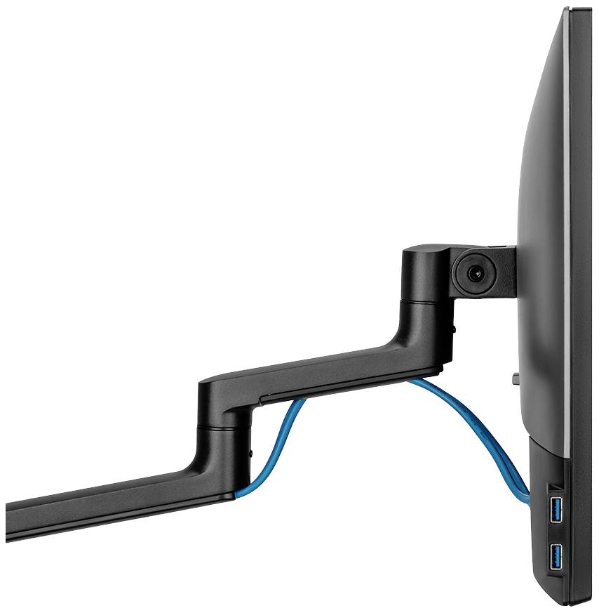 Ein Bildschirm an einem verstellbaren Monitorarm, seitliche Ansicht, mit sichtbaren blauen Kabeln zur Verbindung.