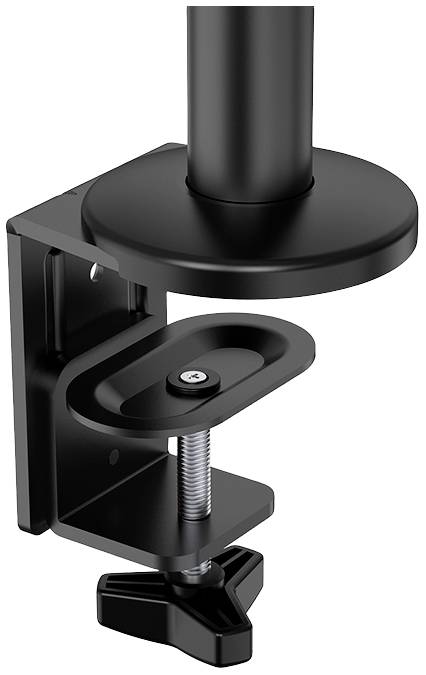 Eine schwarze Tischklemme für Monitorhalterungen. Sie hat eine runde Basis und eine Schraubklemme zur Befestigung an Tischkanten.