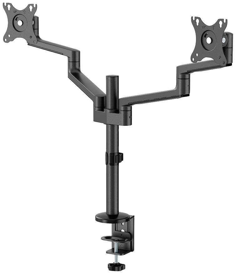 Monitorhalterung für Dual-Bildschirme, schwarz, aus Metall, höhenverstellbar, mit Schreibtischklemme für flexible Ausrichtung.