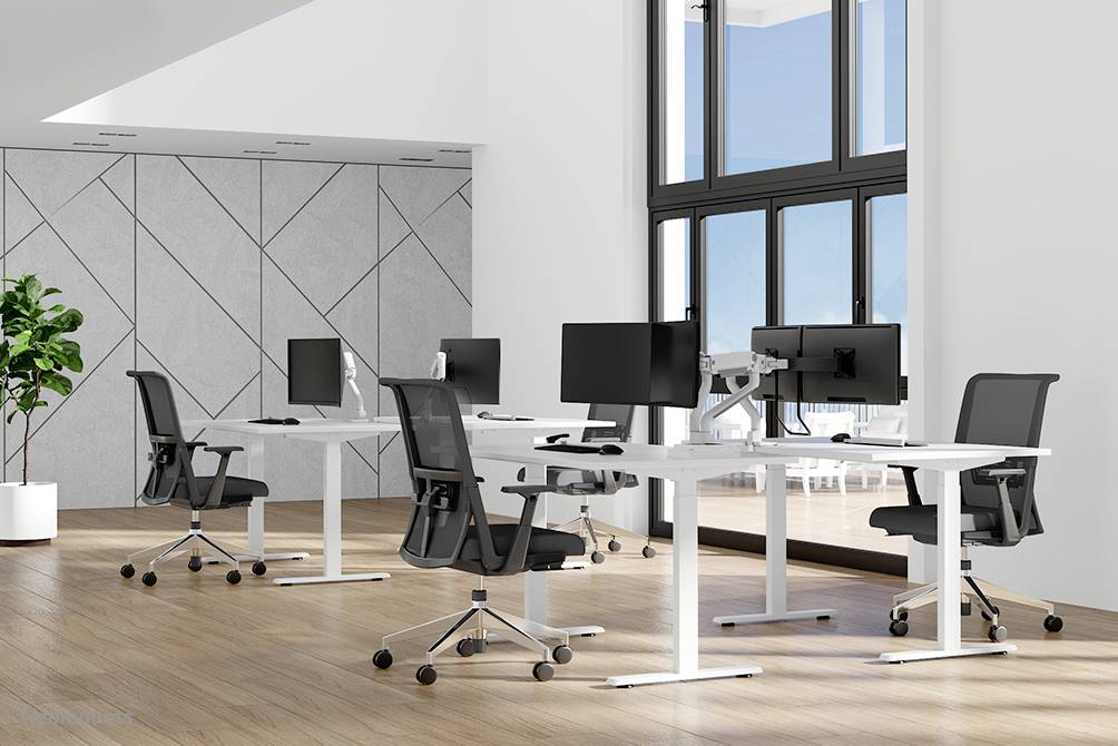 Helles Büro mit vier modernen Schreibtischen und schwarzen Bürostühlen. Große Fenster lassen viel Tageslicht herein. Links im Raum steht eine Pflanze.