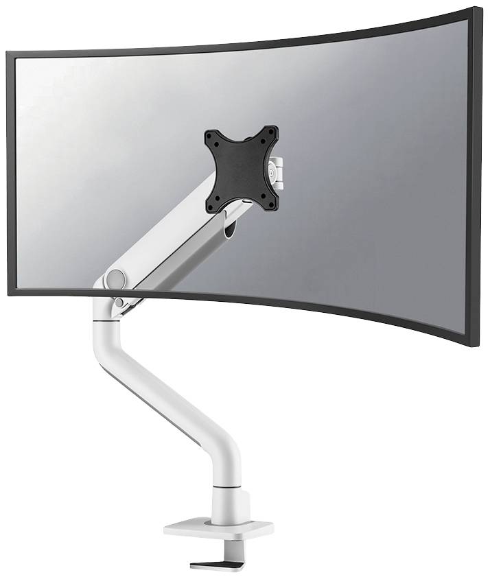 Ein gebogener Computermonitor auf einer verstellbaren Halterung. Der Monitor ist an einem weißen Arm befestigt, der auf einem Schreibtisch montiert ist.