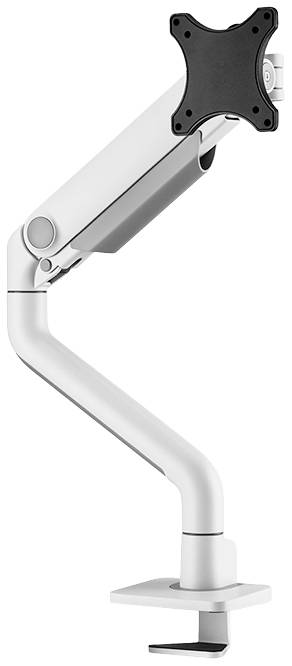 Ein verstellbarer Monitorarm in Silber zur Befestigung auf einem Tisch. Erhöht Flexibilität und Ergonomie am Arbeitsplatz.