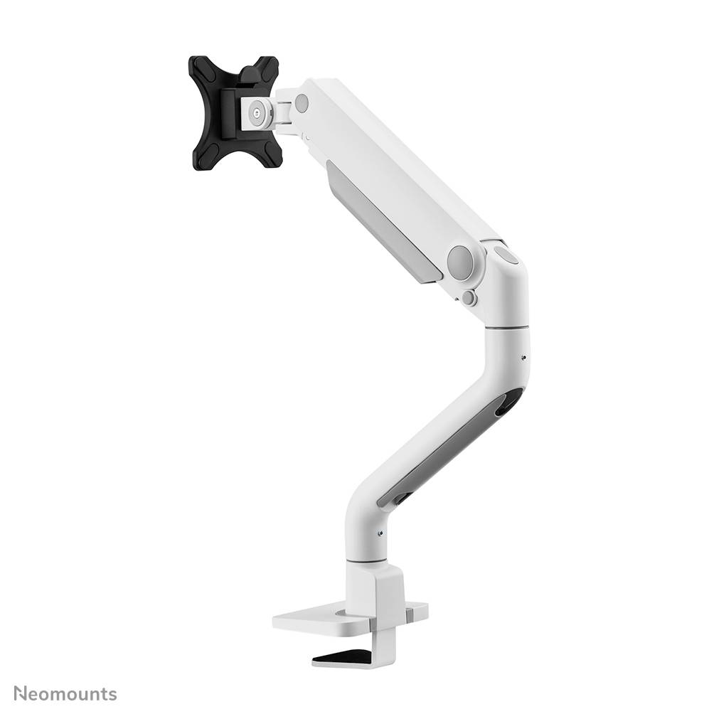 Verstellbarer weißer Monitorarm mit Halterung, seitlichem Gelenk und Tischklammer für flexible Bildschirmplatzierung und Ergonomie.