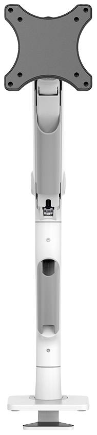 Ein verstellbarer Monitor-Arm in vertikaler Position, hauptsächlich aus Metall und Plastik, geeignet zur Befestigung von Bildschirmen.