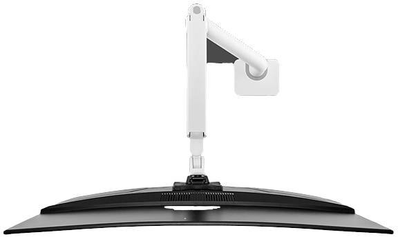 Kurzer Ständer für einen Monitor, zeigt Neigungs- und Drehfunktion von rechts. Energiesparend und platzsparend.