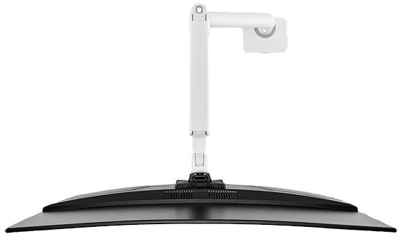 Ein weißer Monitorarm hält einen schwarzen Bildschirm, der leicht nach unten gekippt ist. Ideal für ergonomische Bildschirmplatzierung.