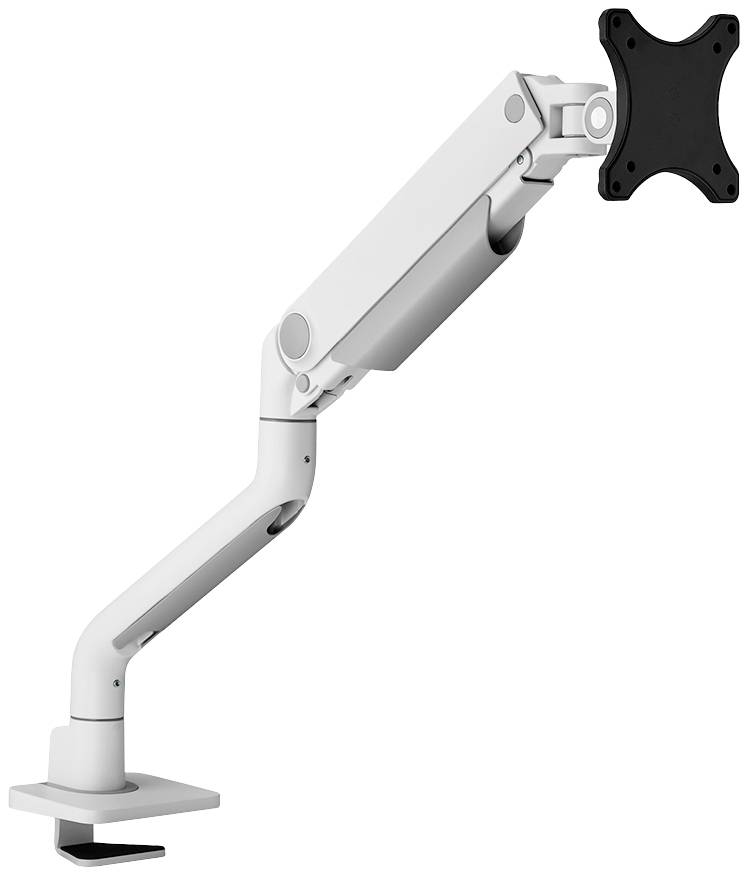 Ein weißer, verstellbarer Monitorarm mit schwarzer Befestigungshalterung, geeignet für die Montage eines Computermonitors auf einem Schreibtisch.