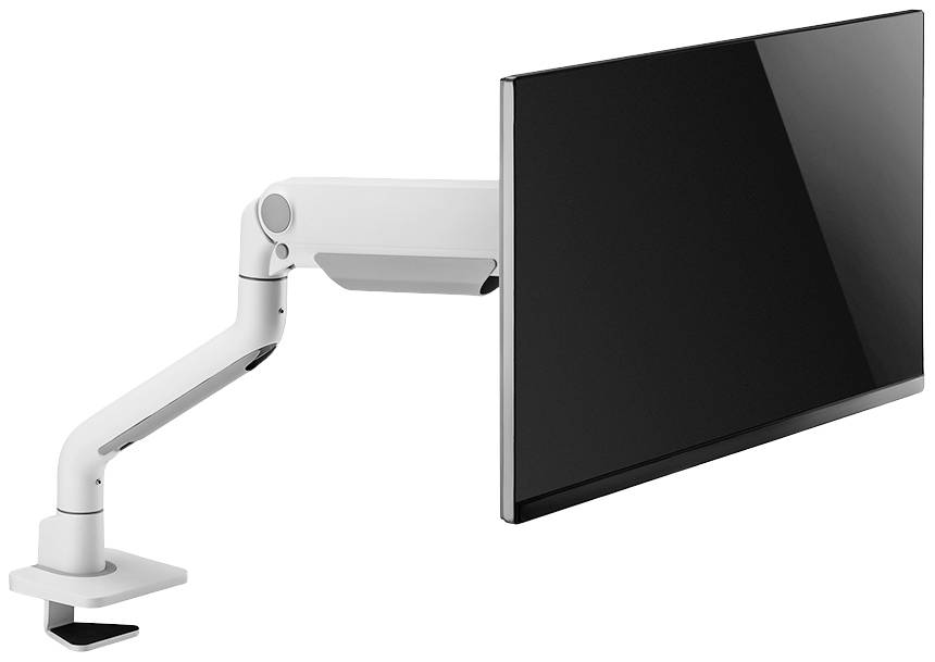 Ein weißer Monitorarm hält einen schwarzen Flachbildschirm; der Arm ist flexibel einstellbar und an einem Tisch befestigt.