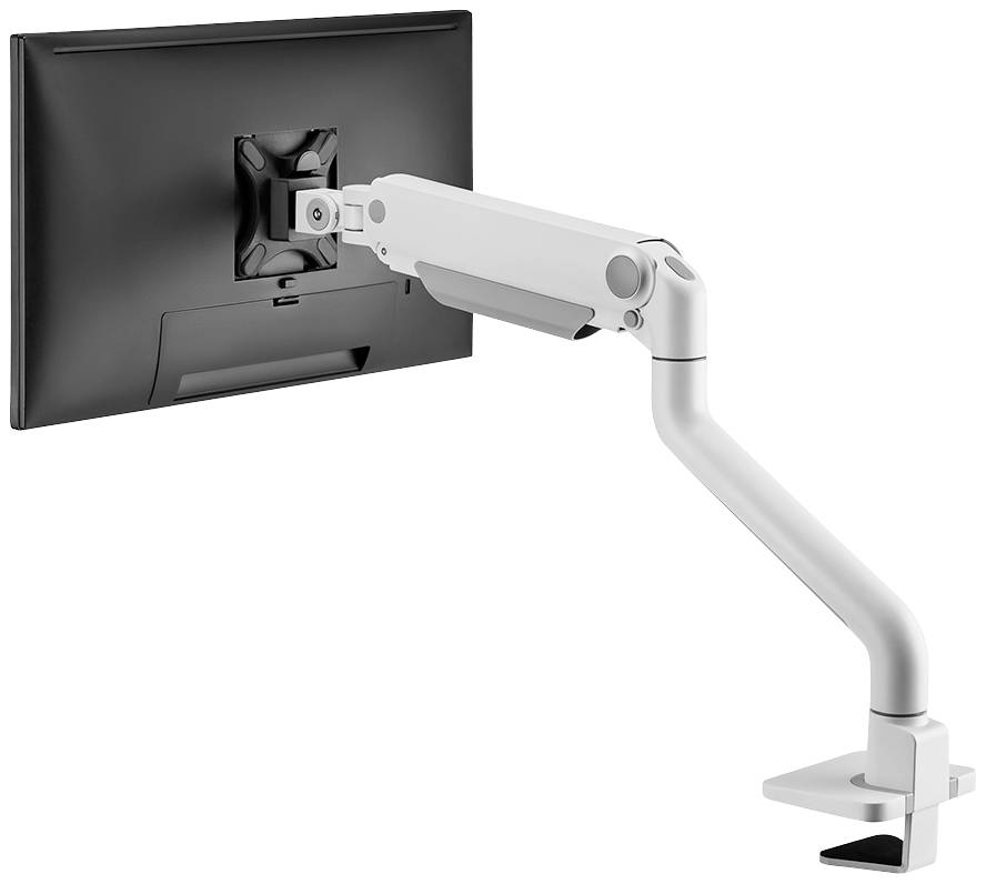 Ein schwarzer Monitor ist an einem weißen, schwenkbaren Monitorarm befestigt, der an einem Tisch montiert ist.