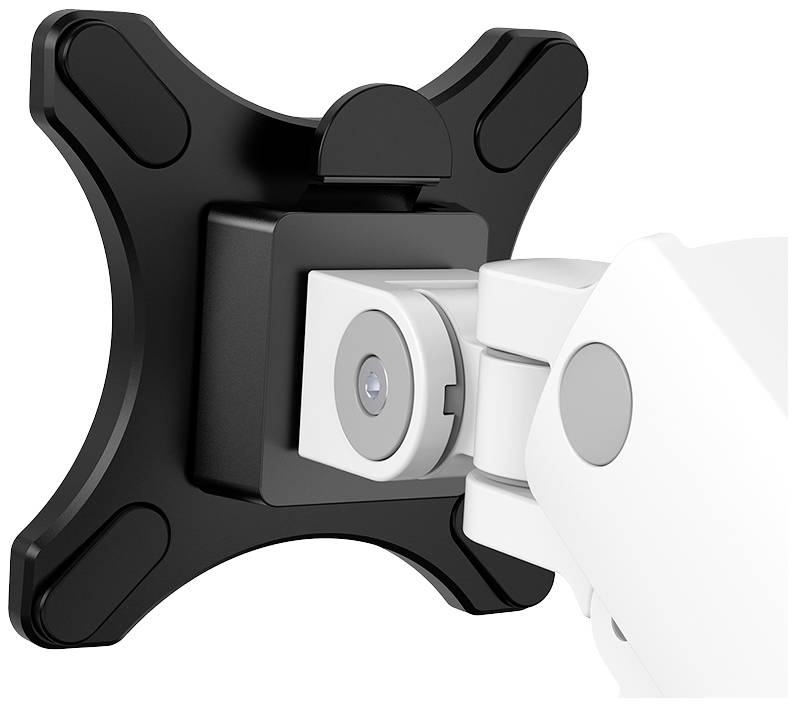 Bild eines VESA-Monitorarms mit schwarzer Halterung. Zeigt die Verbindung und Beweglichkeit des Gelenks.