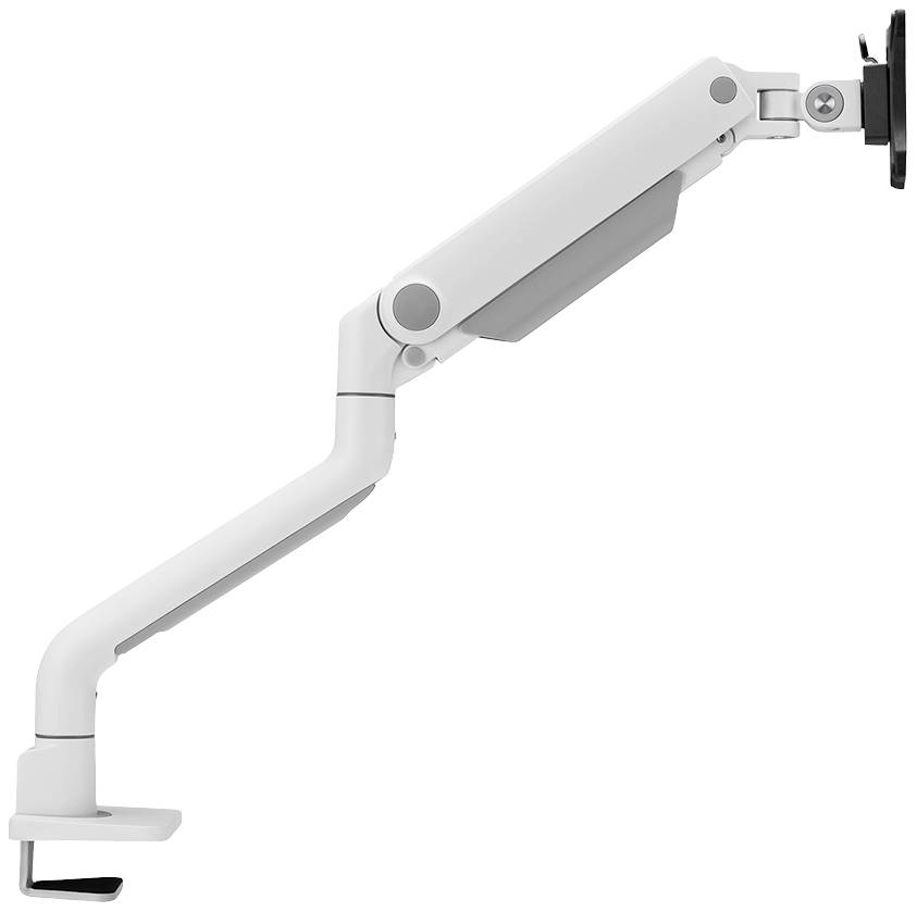 Ein weißer, verstellbarer Monitorarm zur Tischbefestigung. Er ermöglicht ergonomische Anpassungen eines Computerbildschirms.