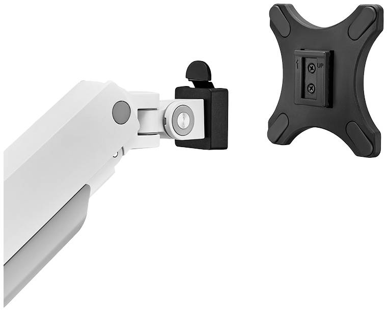 Weiße Monitorhalterung mit drehbarem Gelenk und schwarzer VESA-Platte, die Befestigung an einem Monitorarm ermöglicht.