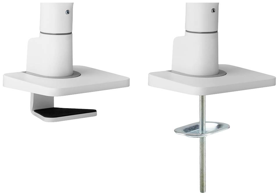 Zwei Klemmbefestigungen für Tischmontage, links C-Klemme mit flachem Design, rechts Aufschraubmontage mit metallischem Gewindebolzen.