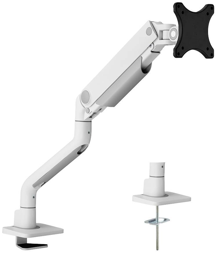 Monitorarm aus weißem Metall mit Gelenken, Tischklemme und Halterung zur Höhenverstellung. Dient zur flexiblen Positionierung von Bildschirmen.