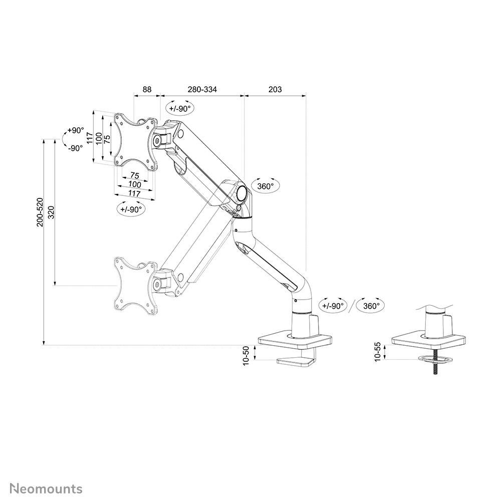 Technische Zeichnung eines einstellbaren Monitorarms mit Maßen und Bewegungswinkeln. Zeigt Details zur Befestigung und Reichweite.