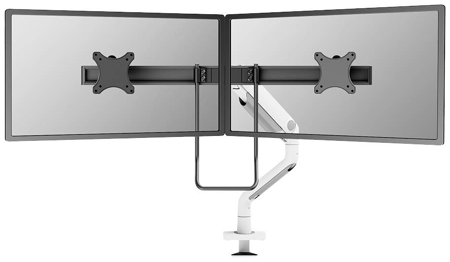 Zwei nebeneinander montierte Monitorhalterungen an einem flexiblen, höhenverstellbaren Arm, geeignet für ergonomische Arbeitsplatzlösungen.