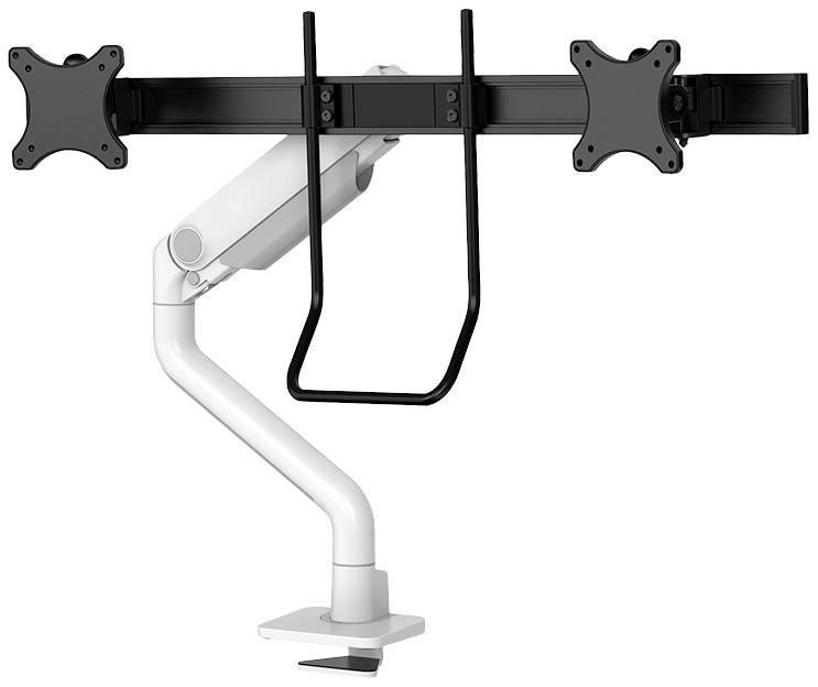 Monitorarm mit zwei Halterungen, neigbar und höhenverstellbar für ergonomische Bildschirmplatzierung.