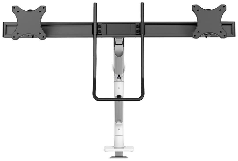 Doppel-Monitorhalterung, schwarz und weiß, zur Befestigung von zwei Bildschirmen, mit verstellbaren Armen und stabilem Standfuß.