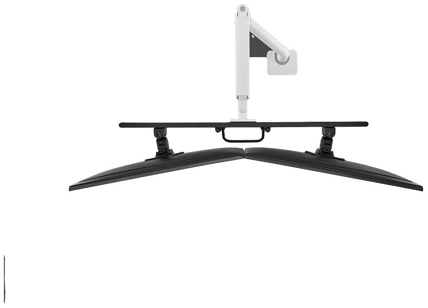 Ein weißer Monitorarm hält zwei gekrümmte Monitore nebeneinander, die nach unten zeigen. Der Arm ist an einer weißen Basis befestigt.