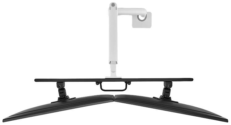Ein doppelter Monitorhalter, der zwei Monitore nebeneinander befestigt. Der Halter ist höhenverstellbar und kabelgebunden.