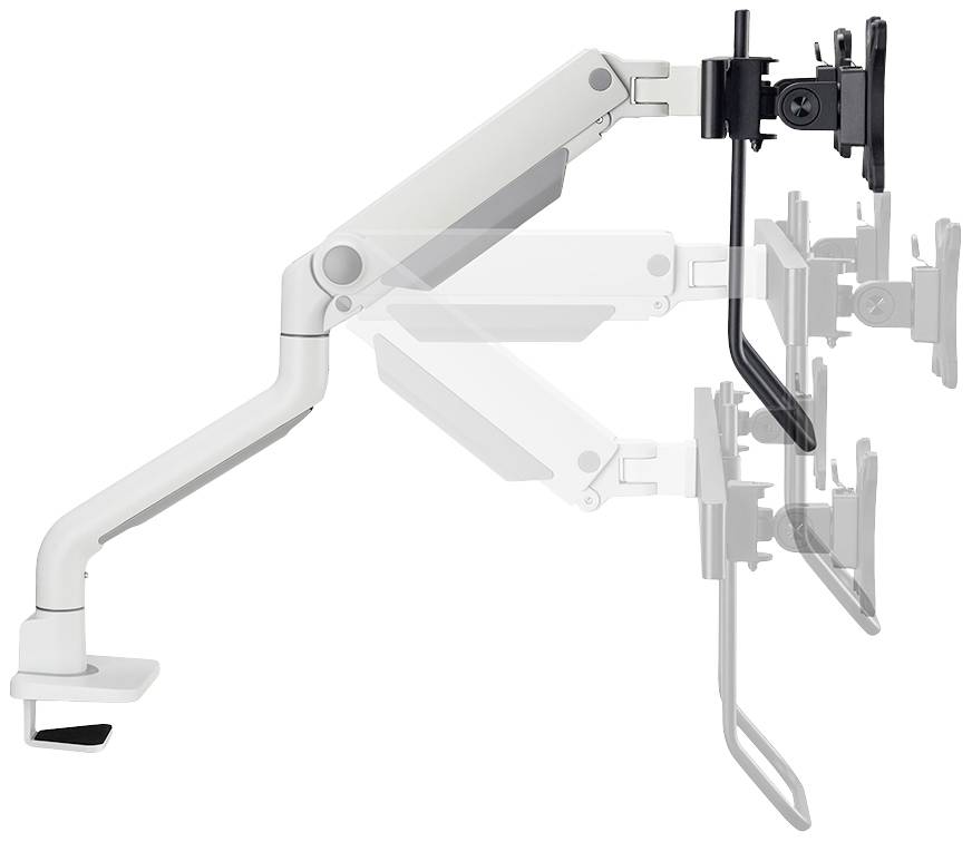 Ein verstellbarer Monitorarm mit verschiedenen Positionen, zeigt Flexibilität und Bewegungsfreiheit für ergonomische Arbeitsplatzanpassung.