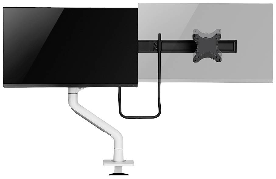 Darstellung eines Monitorarms, der zwei Monitore in horizontaler Ausrichtung hält. Einer der Monitore ist schwarz, der andere ist grau.