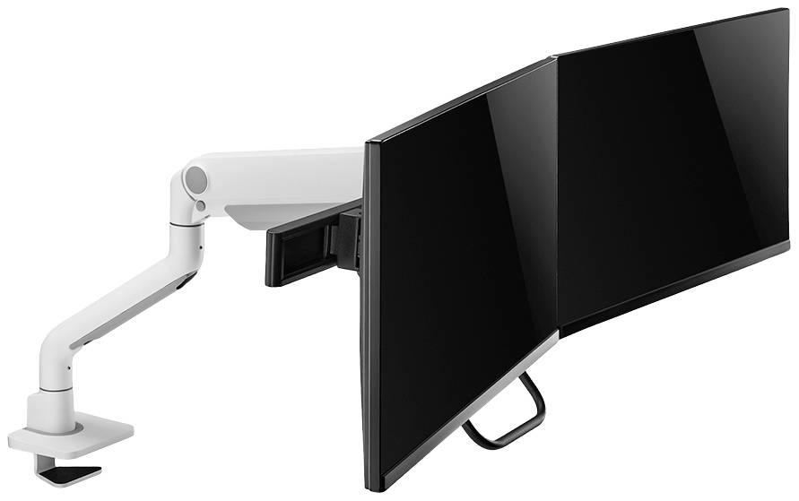 Doppelte Monitorhalterung mit zwei schwarzen Bildschirmen an einem weißen, verstellbaren Arm, der an einem Tisch befestigt ist.