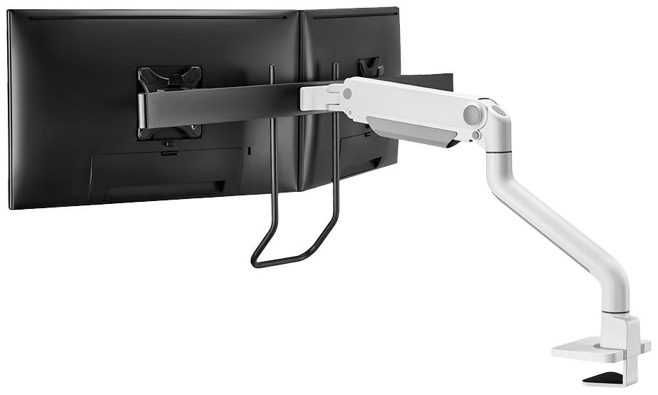 Doppelter Monitorarm mit zwei Monitoren, montiert auf einem Schreibtisch. Verstellbar für ergonomisches Arbeiten.
