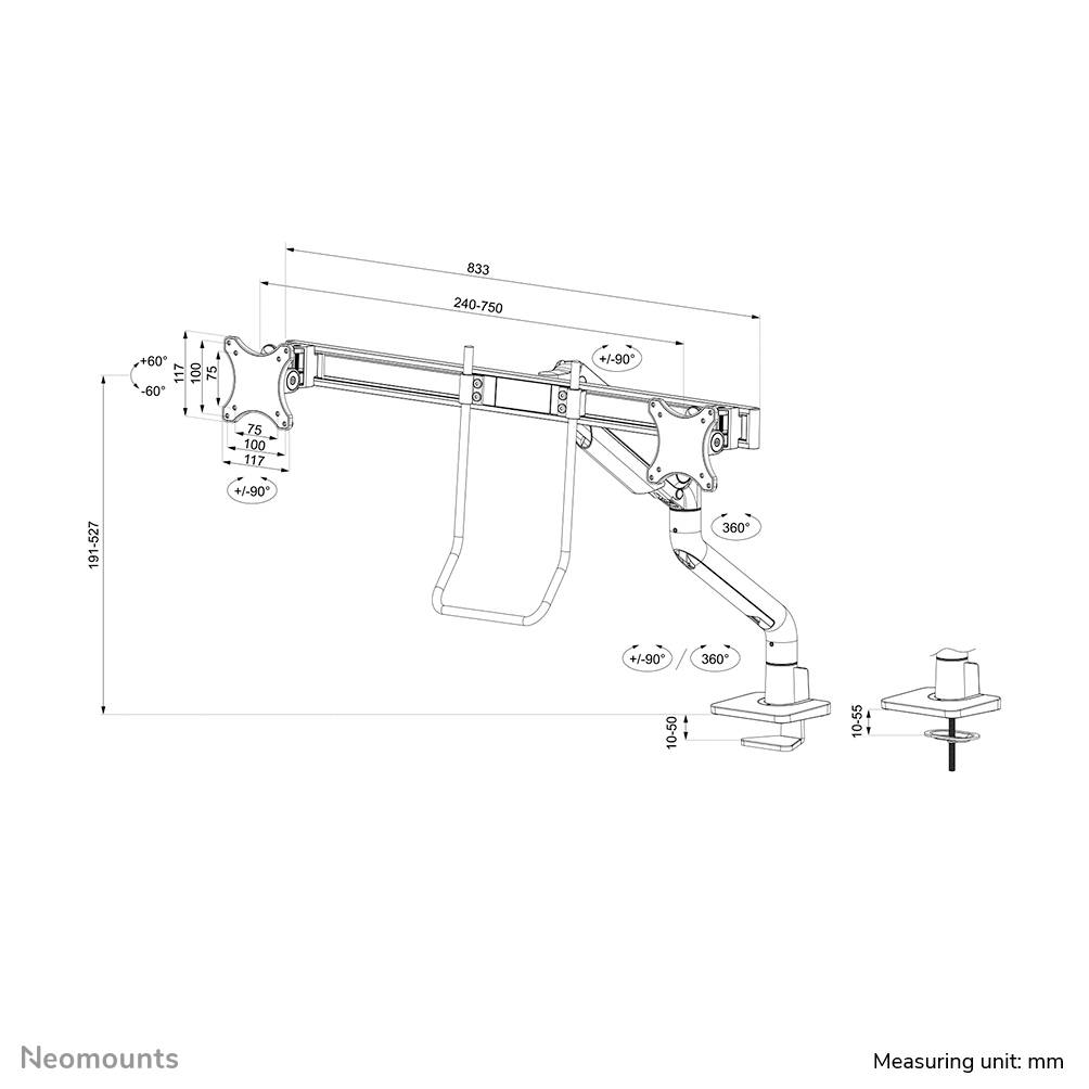 Technische Zeichnung eines Monitorarms mit Abmessungen in Millimetern. Zeigt Details zu Drehwinkeln und Montageoptionen.