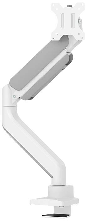 Ein weißer Monitorarm mit verstellbarem Gelenk und Klemme zur Befestigung auf einem Tisch. Geeignet zur ergonomischen Bildschirmpositionierung.