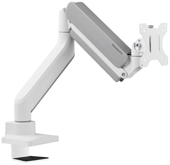 Ein ergonomischer Schwenkarm für Monitore, gefertigt aus grauem und weißem Metall, mit einem stabilen Befestigungsmechanismus.