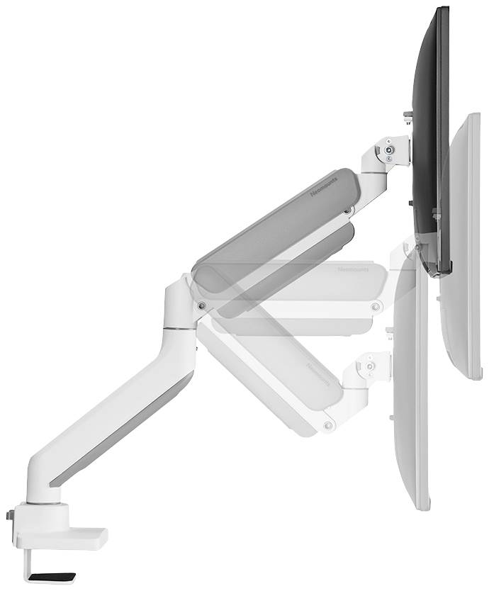 Ein Monitorarm mit verstellbarer Halterung zeigt in mehreren Positionen die Flexibilität der Neigung und Höhe für verschiedene Arbeitsumgebungen.