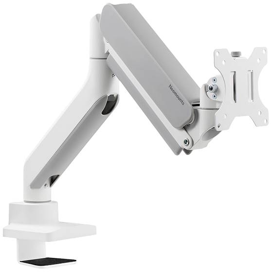 Ein weißer, verstellbarer Monitorarm mit Schwenkmechanismus von Humanscale, geeignet zum Halten eines Monitors auf einem Tisch.